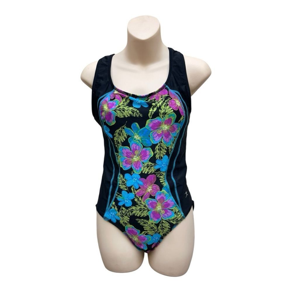 Danskin Tech Elements Floral Black Swimwear Size Large Racerback Full Coverage